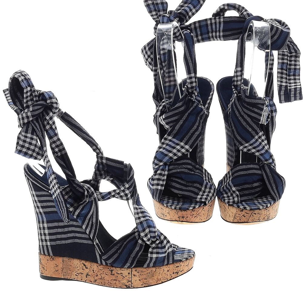 Donna Karan Cork Platform Sandal Madras Wedge Plaid Embossed Logo Designer 8.5 - Picture 11 of 12